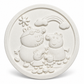 White unpainted round DIY pig family craft plaque with raised rainbow, clouds, flowers and character details ready for painting