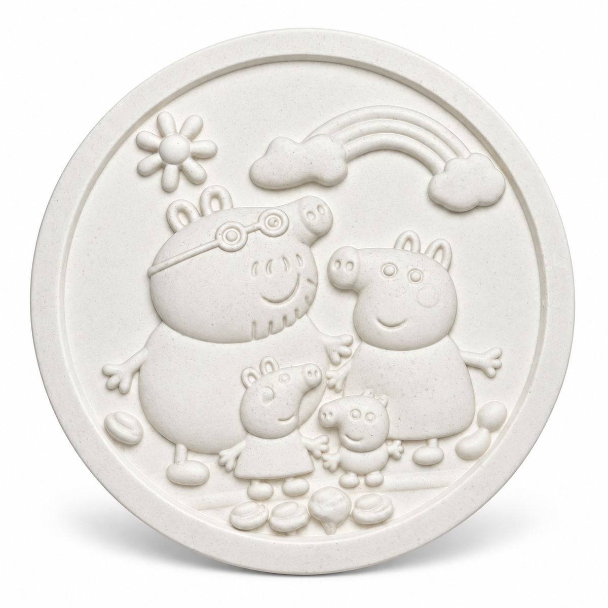 White unpainted round DIY pig family craft plaque with raised rainbow, clouds, flowers and character details ready for painting