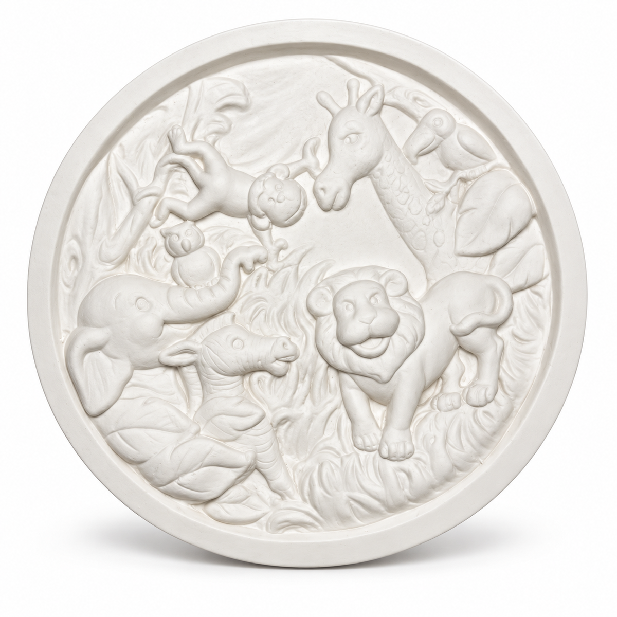 Unpainted white jungle animal DIY craft mould with lion, giraffe, elephant, zebra and monkey