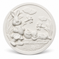 White unpainted circular Easter bunny craft plaque with raised rabbits, Easter eggs, dragonflies and garden details.
