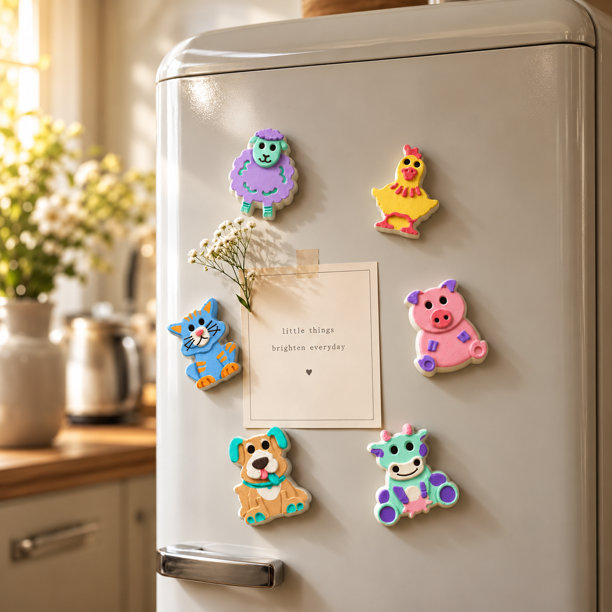 Colourful DIY animal craft magnets featuring sheep, chicken, cat, pig, dog and cow displayed on refrigerator