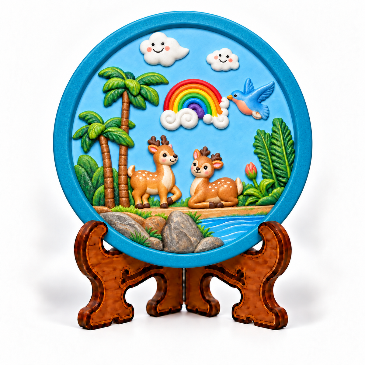 Colourful DIY deer craft featuring two cute deer, rainbow, birds, palm trees and river on a round decorative plaque with stand.