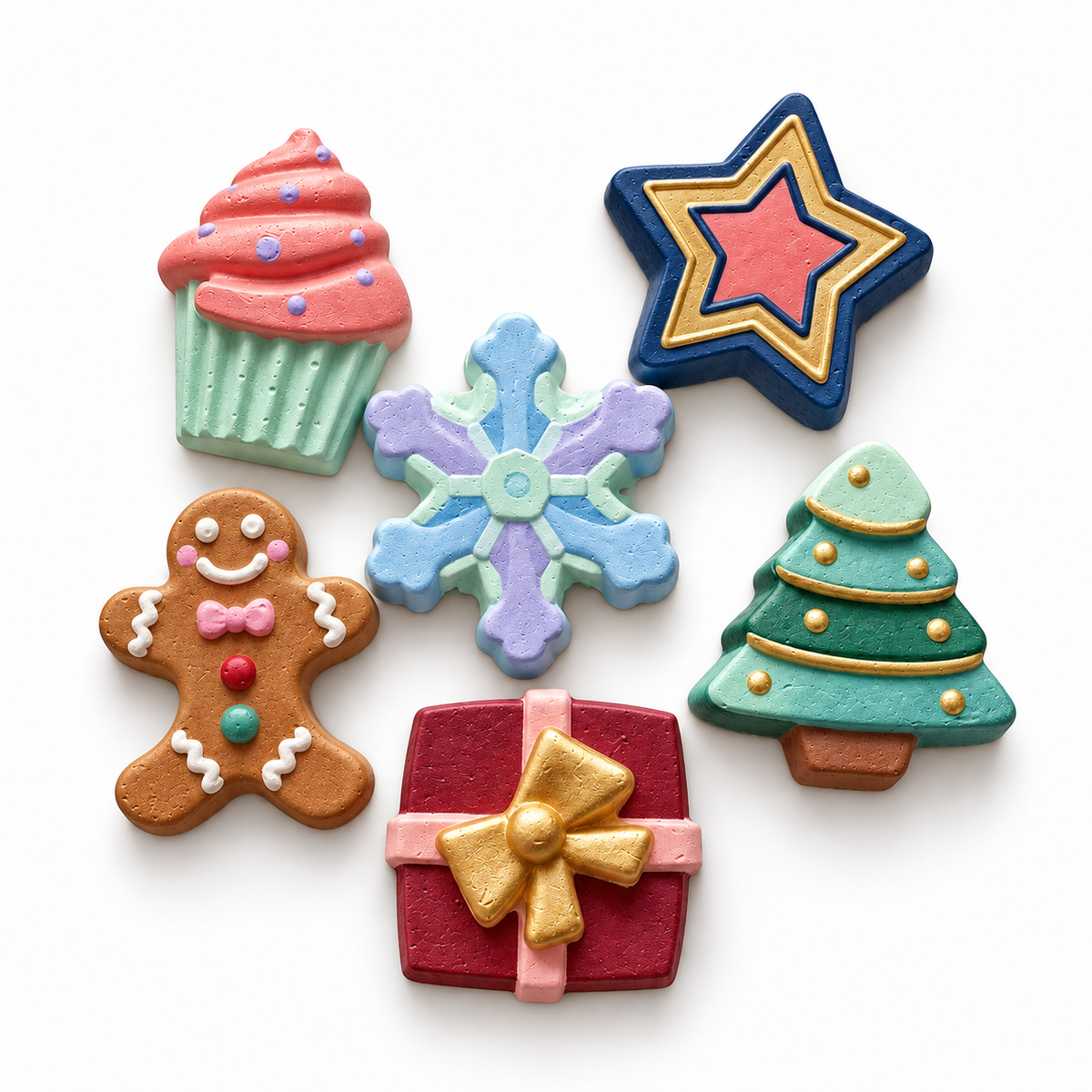 Colourful Christmas DIY craft magnets featuring cupcake, star, snowflake, gingerbread man, gift box and Christmas tree