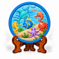 Colourful round DIY ocean craft plaque featuring dolphin, fish, seahorses, octopus, crab and underwater plants on a decorative stand.