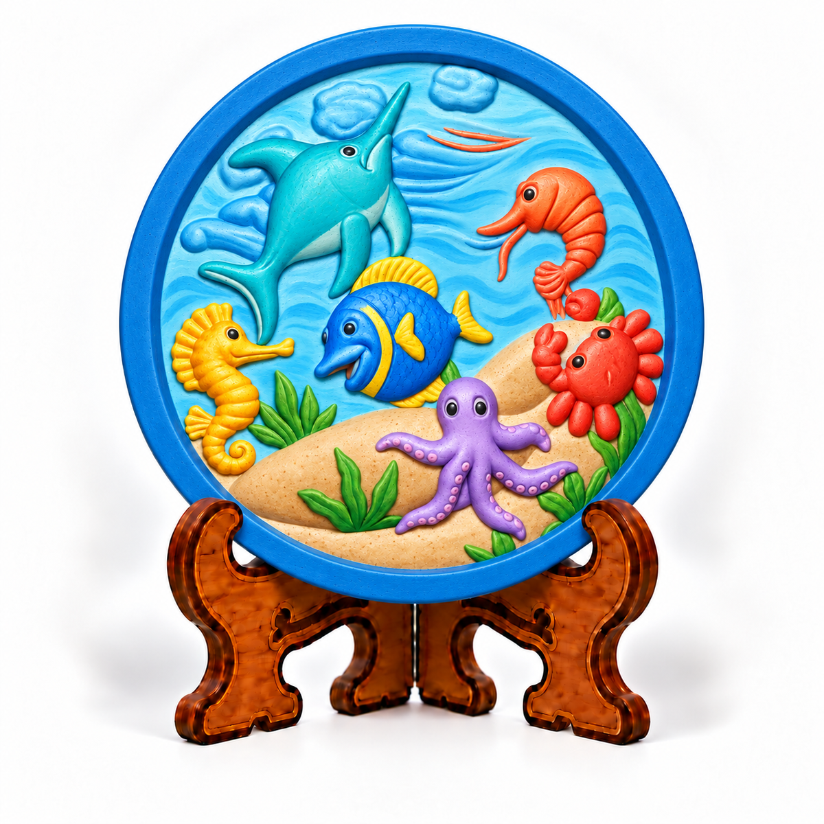 Colourful round DIY ocean craft plaque featuring dolphin, fish, seahorses, octopus, crab and underwater plants on a decorative stand.