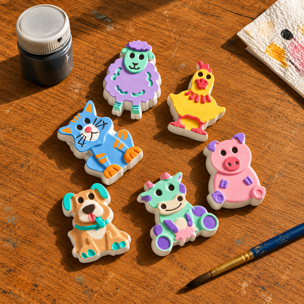 DIY animal painting kit with sheep, chicken, cat, pig, dog and cow craft designs displayed with a paintbrush.