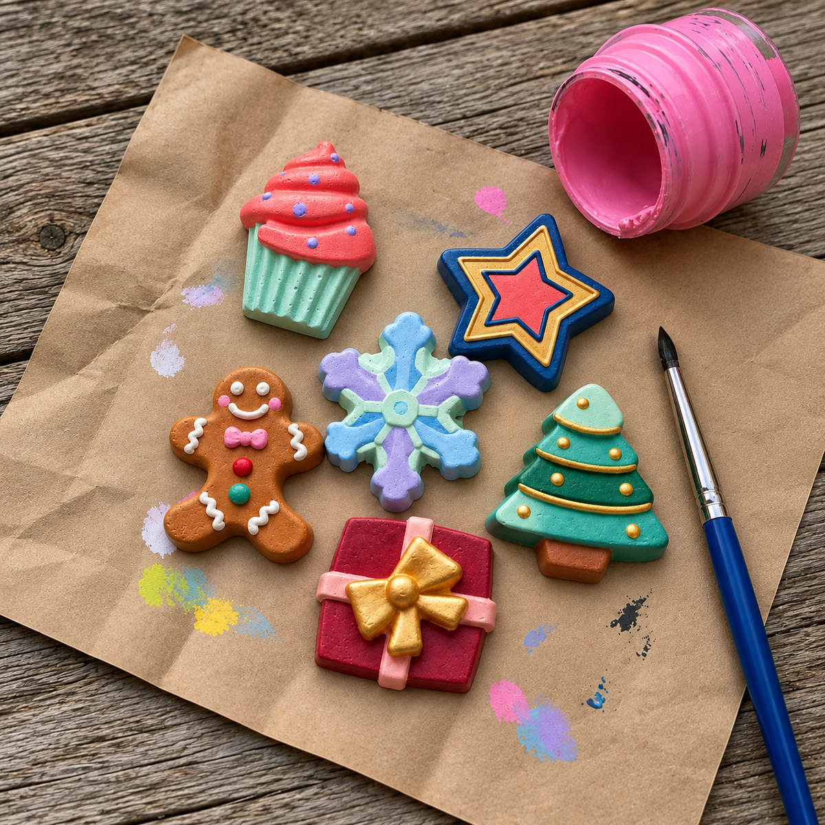 DIY painting gift combo with cupcake, star, snowflake, gingerbread, Christmas tree and gift box craft designs.