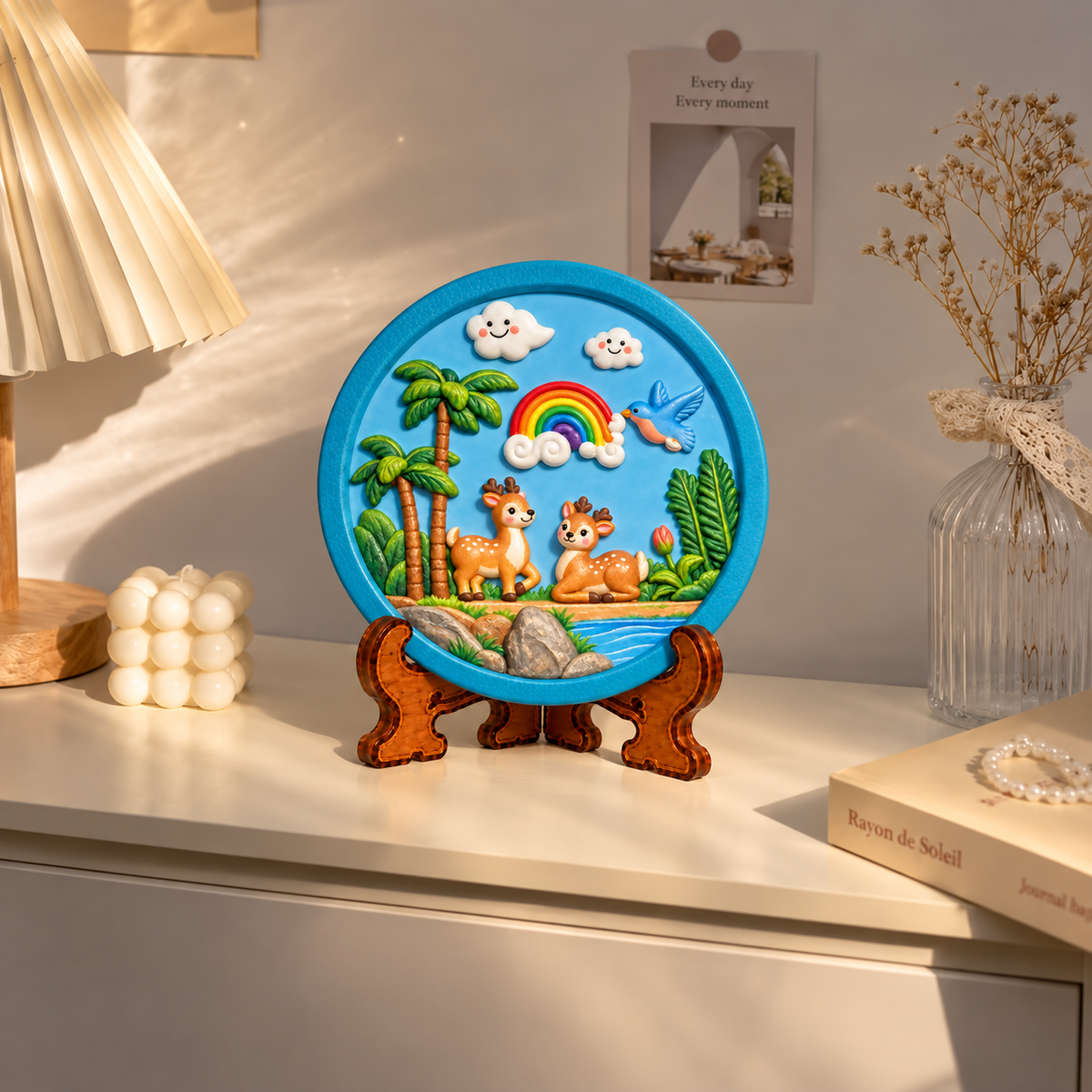 Colourful round deer craft plaque featuring two deer, a rainbow, smiling clouds and green trees on a decorative table top stand.