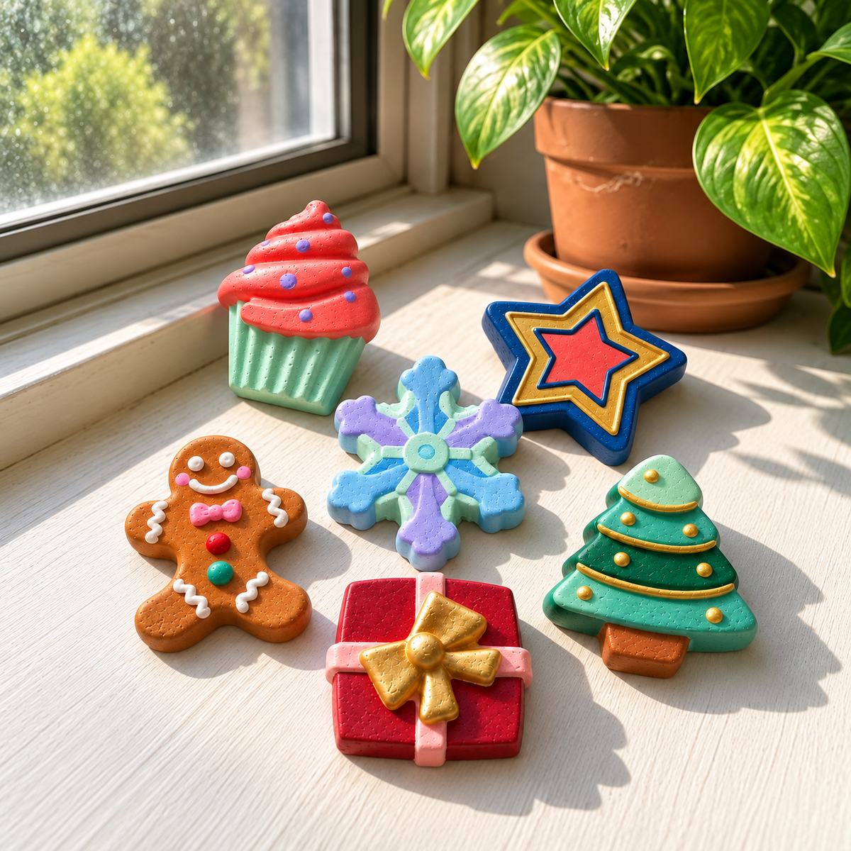 Hand-painted Christmas craft magnets displayed near a window featuring festive cupcake, star, snowflake, gingerbread and tree designs