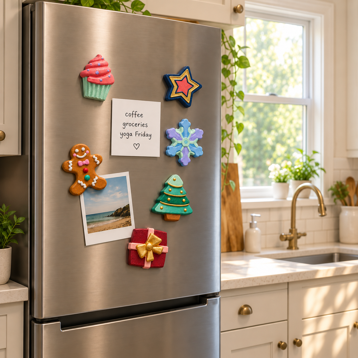 Colourful DIY Christmas craft magnets displayed on refrigerator with cupcake, star, snowflake, gingerbread, tree and gift designs