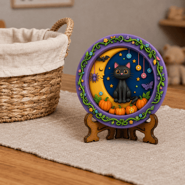Halloween Cat Moon & Pumpkin Decorative Plaque DIY Paint Craft | Art & Arrow