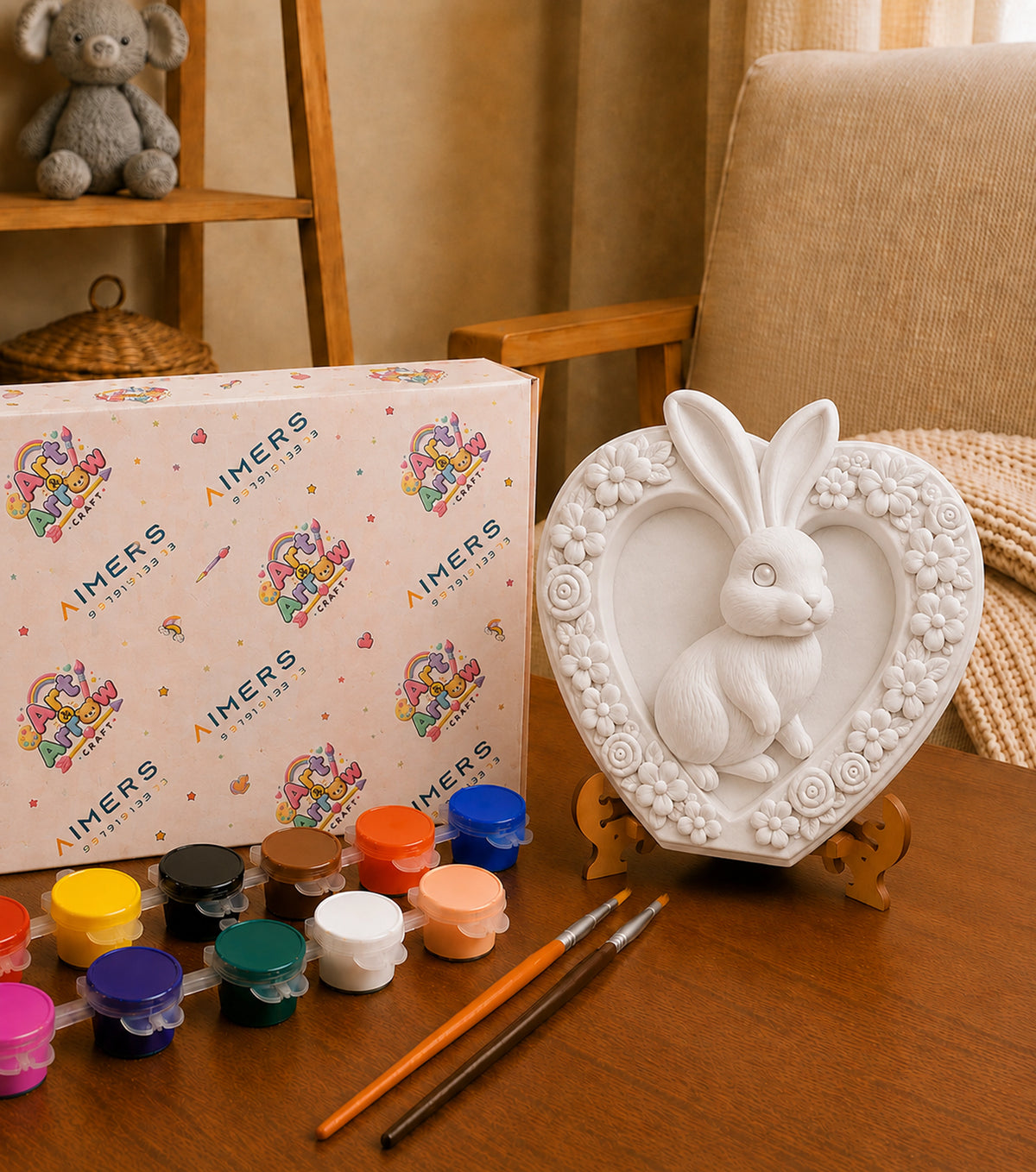 Unpainted bunny heart craft displayed with paint pots and brushes