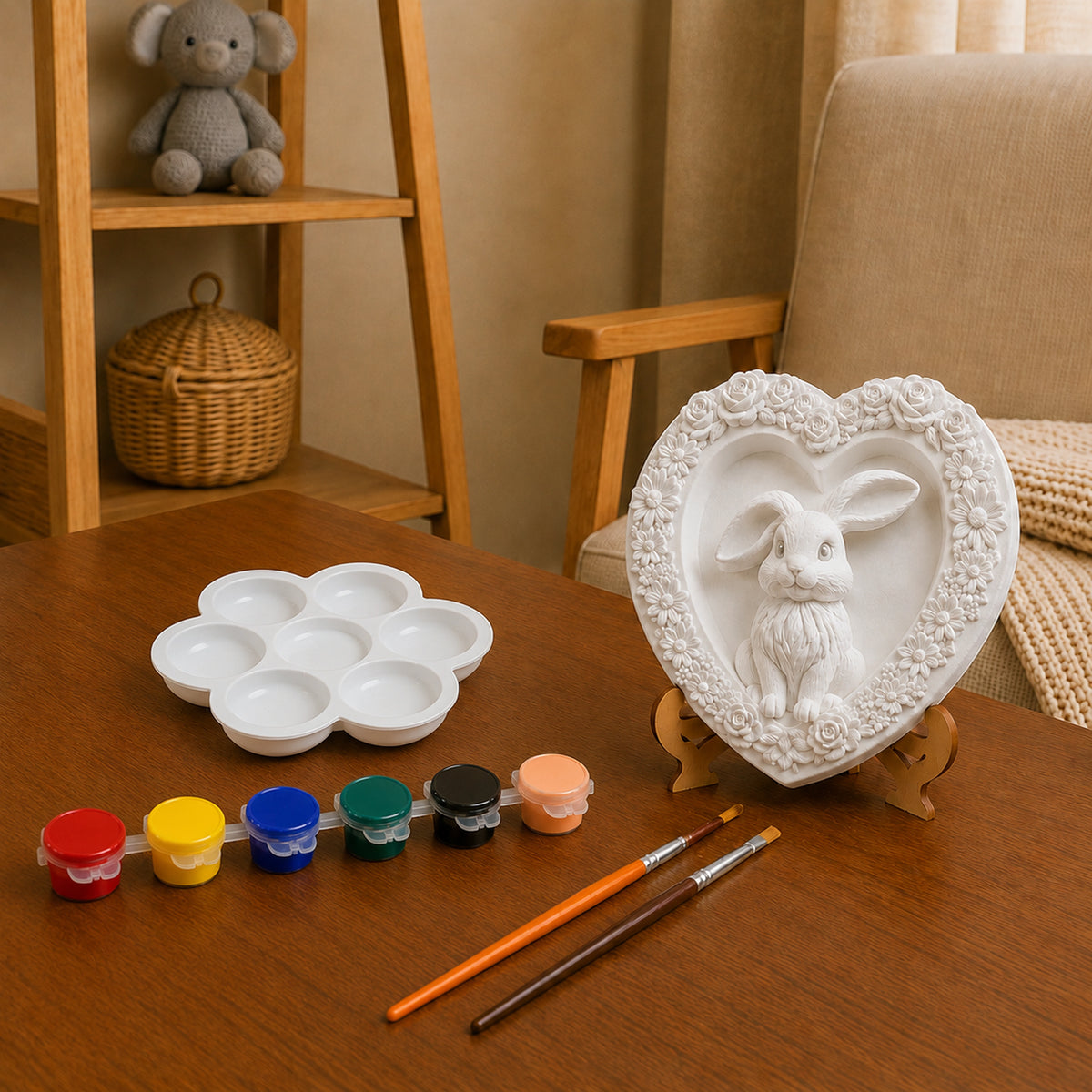 Bunny DIY painting kit with heart-shaped craft, paints, brushes and palette.