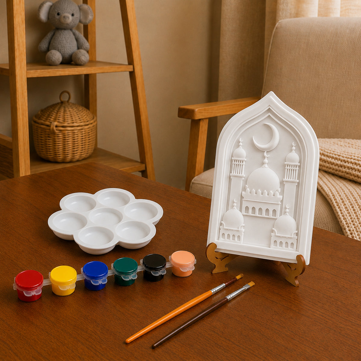 Unpainted mosque DIY craft set with paint pots, palette and brushes.