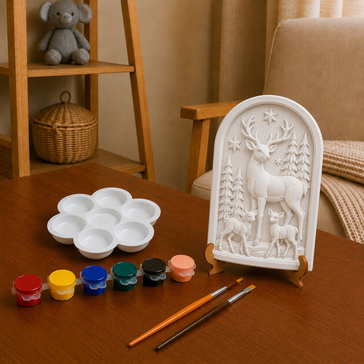 DIY deer family forest craft kit with paint pots, palette and brushes