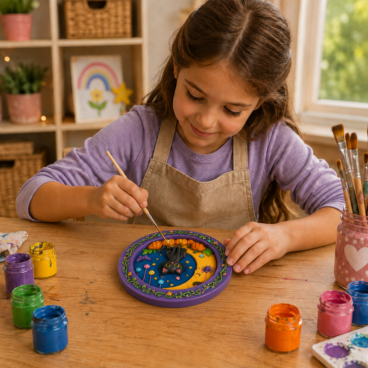 Child painting a cat and crescent moon DIY craft design with colourful paints 
