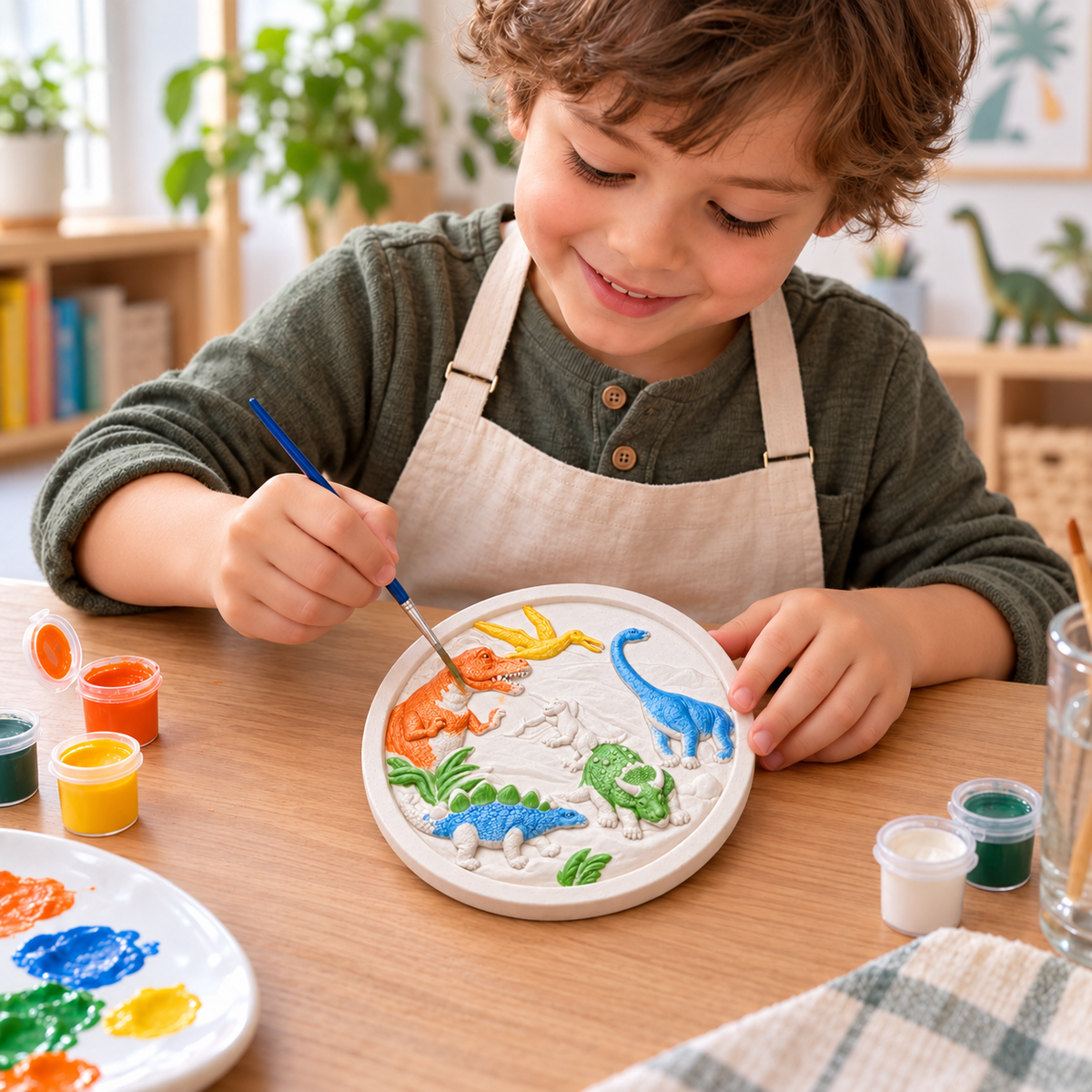 Boy painting dinosaur DIY craft mould with brush and colourful paints