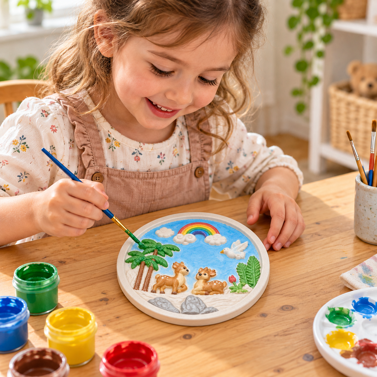 Little girl painting a DIY deer craft kit featuring two deer, a rainbow and palm trees with colourful paints and a brush.
