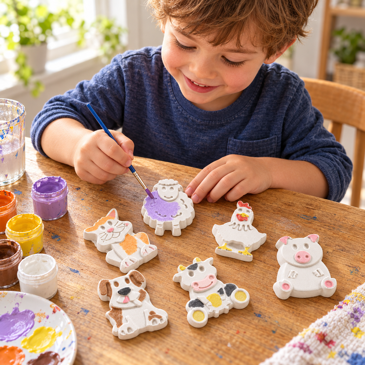 Child painting DIY animal craft shapes featuring sheep, cat, chicken, pig, dog and cow with colourful paints