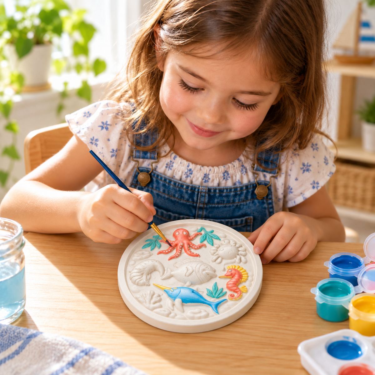Little girl painting a DIY ocean craft plaque with octopus, dolphin, fish, seahorse and crab using colourful paints and a brush.