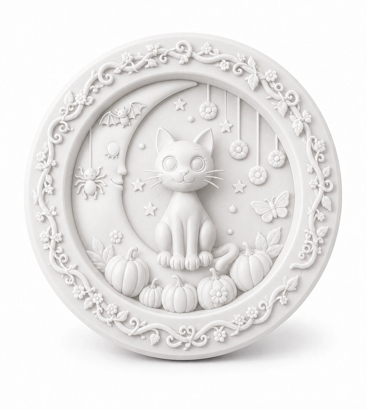 A circular white decorative plaque featuring a carved Halloween scene with a cat sitting on pumpkins under a crescent moon, surrounded by a floral vine border.