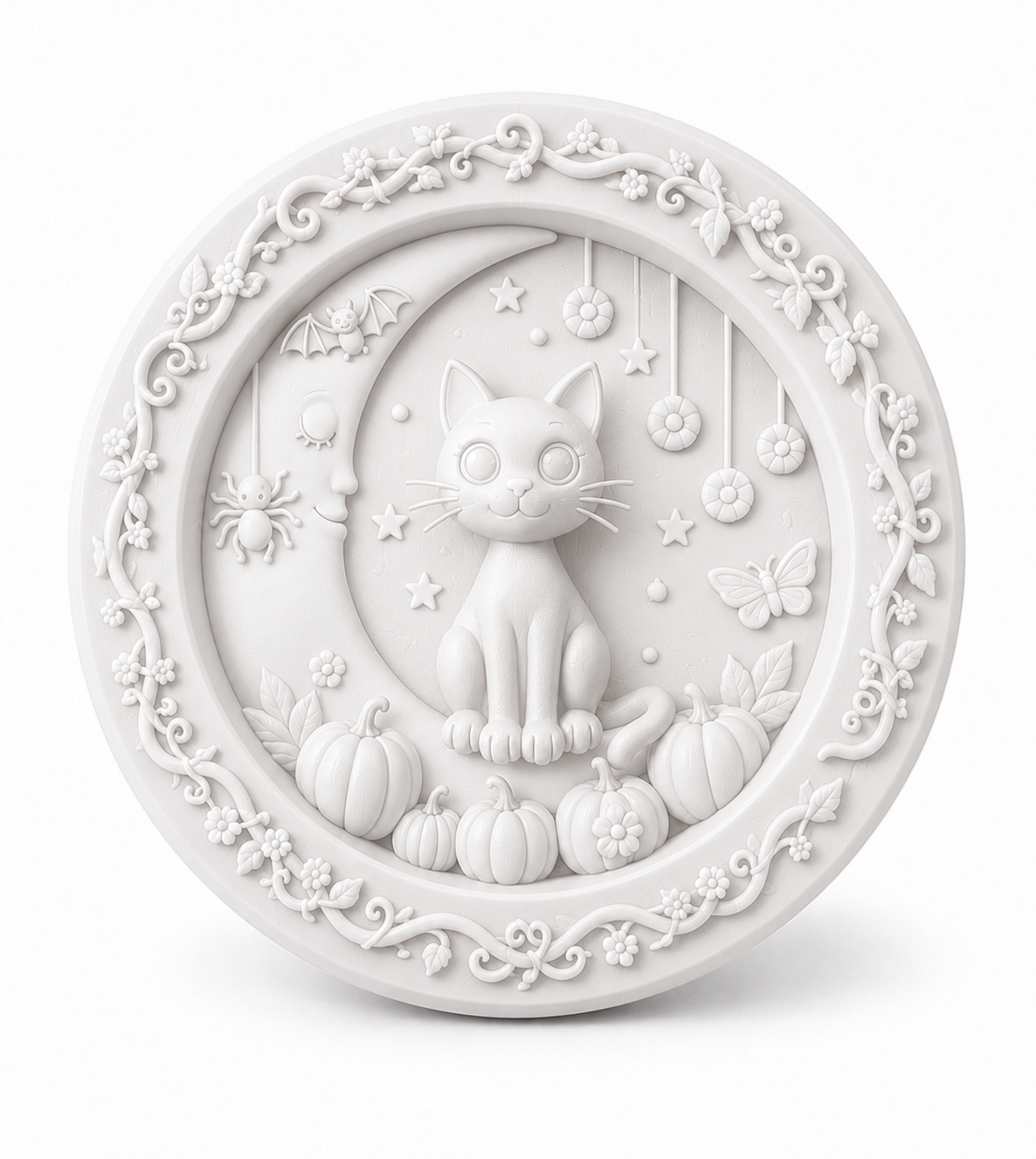 Unpainted round cat and crescent moon craft design