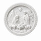 Unpainted round Nativity scene craft featuring Mary, Joseph, baby Jesus, sheep and star.