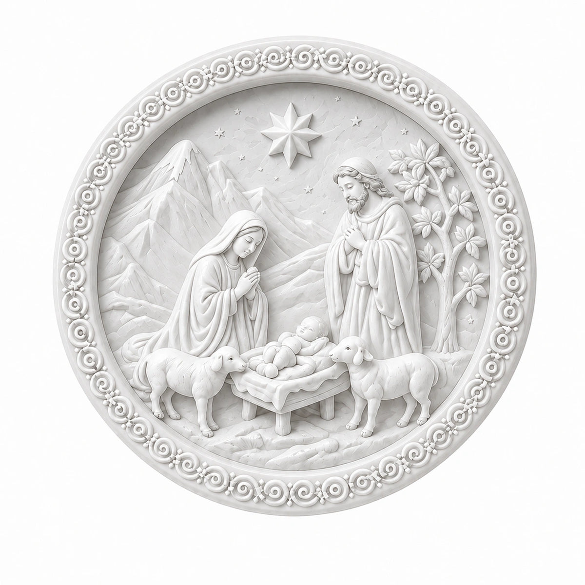 Unpainted round Nativity scene craft featuring Mary, Joseph, baby Jesus, sheep and star.