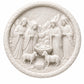Unpainted round Nativity relief craft featuring baby Jesus, four figures and two sheep.