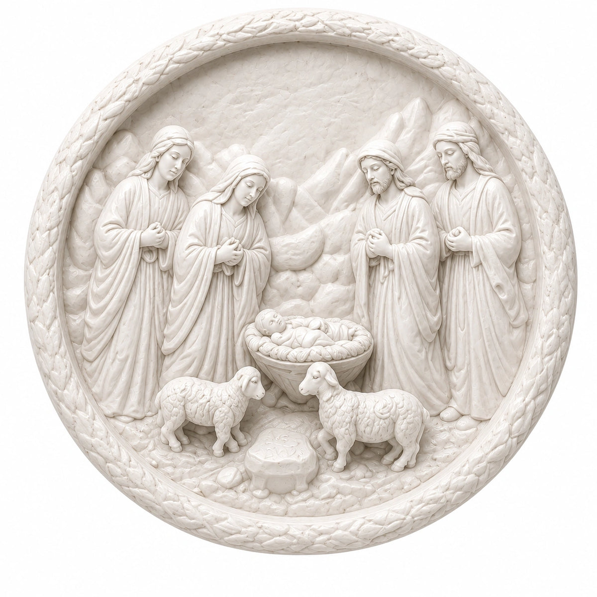 Unpainted round Nativity relief craft featuring baby Jesus, four figures and two sheep.