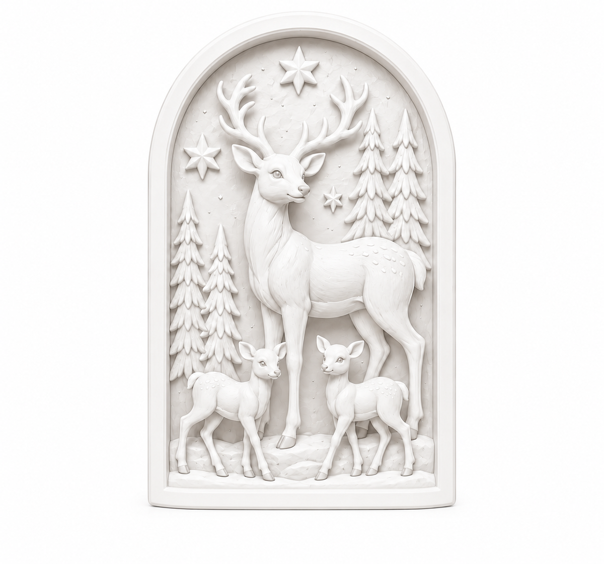 Unpainted arched deer and two fawns craft design with evergreen trees and stars