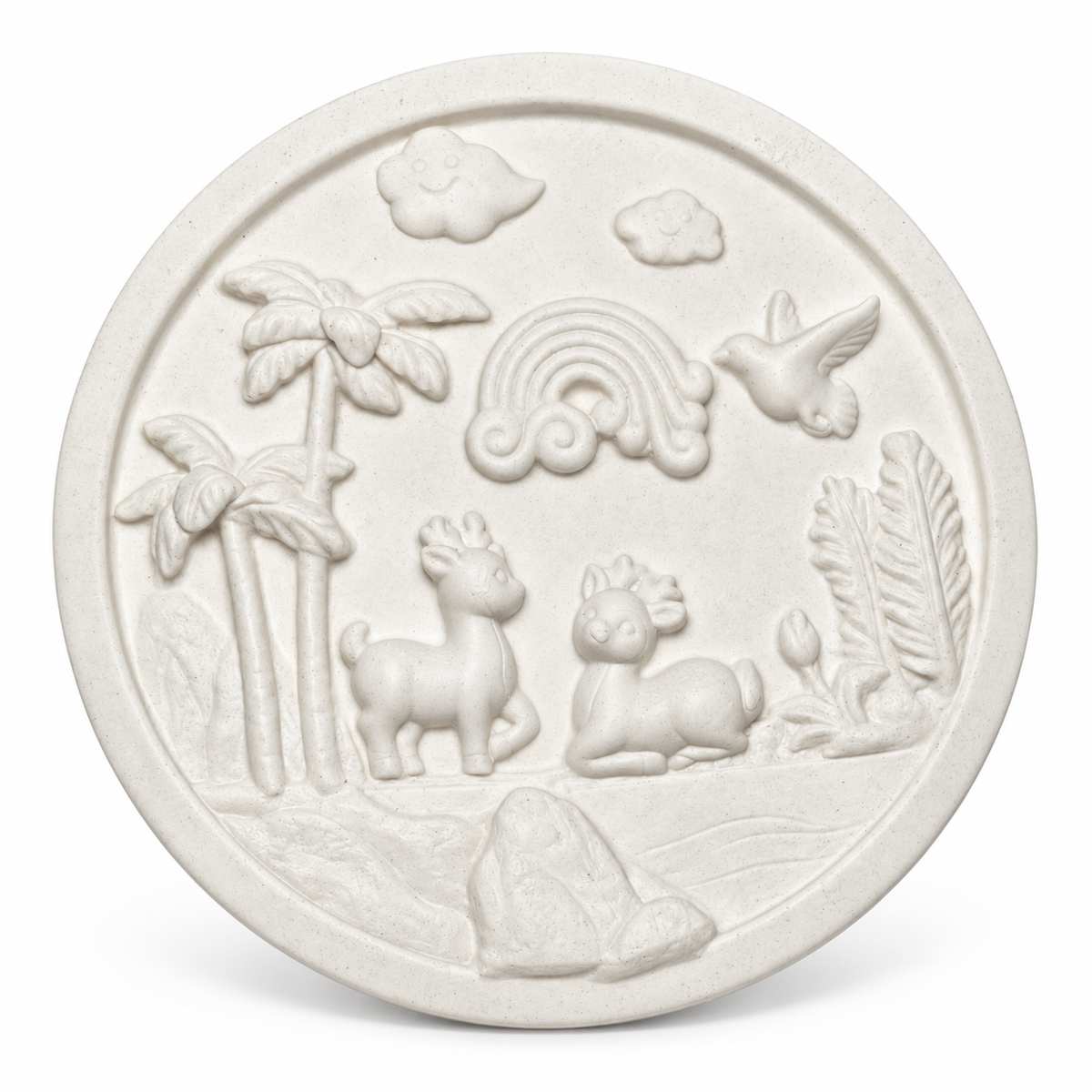 White unpainted DIY deer craft plaque featuring two deer, palm trees, rainbow, flying bird and raised nature designs ready for painting.