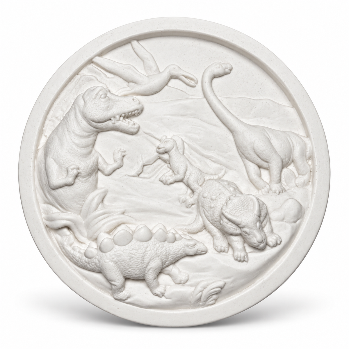 Unpainted white dinosaur DIY craft mould with detailed T-Rex, Stegosaurus and prehistoric designs