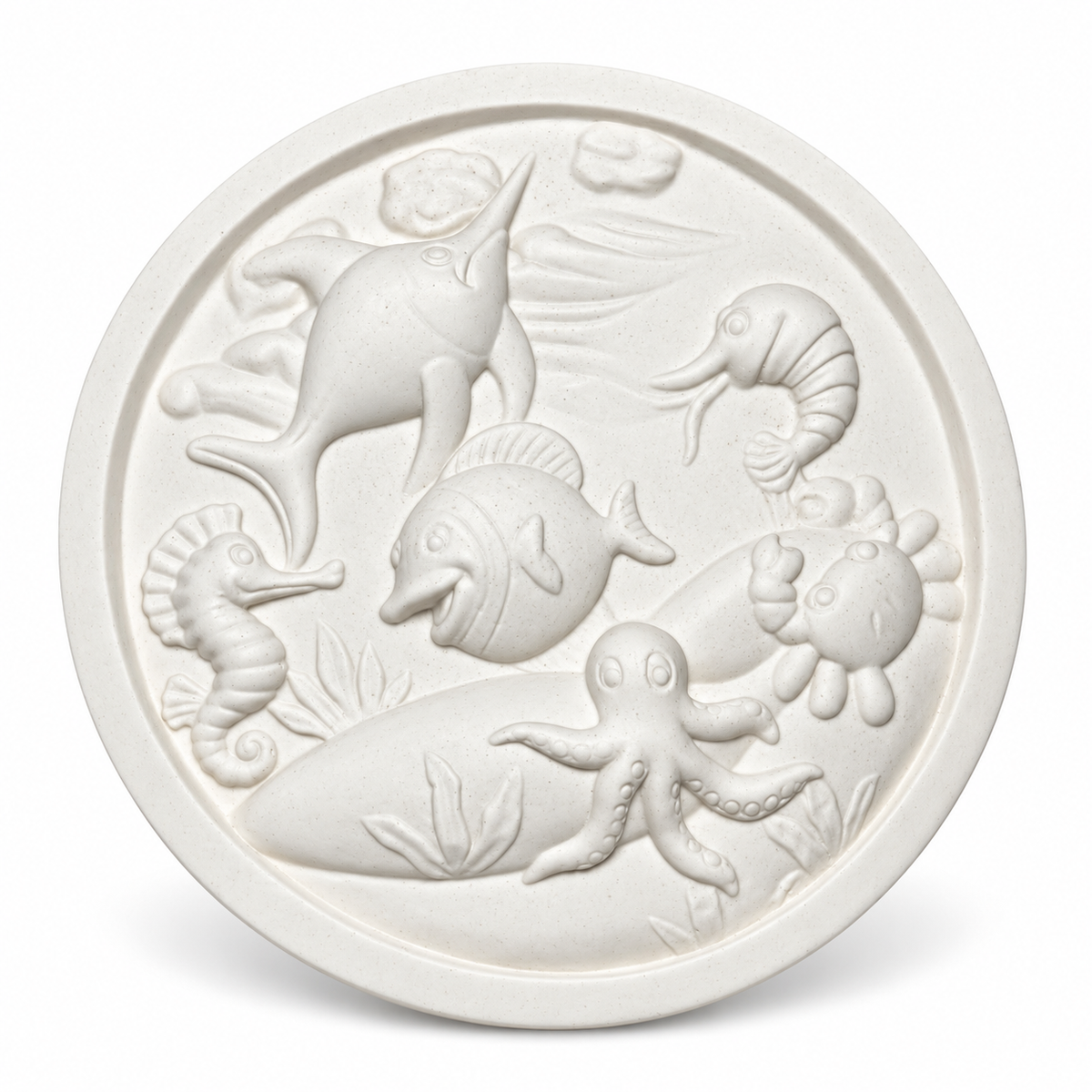 White unpainted round DIY ocean craft plaque featuring raised dolphin, fish, octopus, seahorses, crab and underwater plant designs ready for painting.